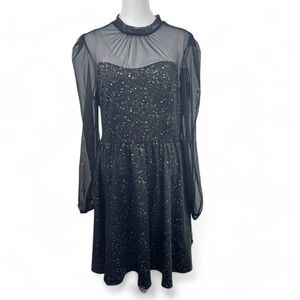 Black Midi Dress Sz M Witchy Whimsigoth Silver Metallic Paint Splattered Sheer